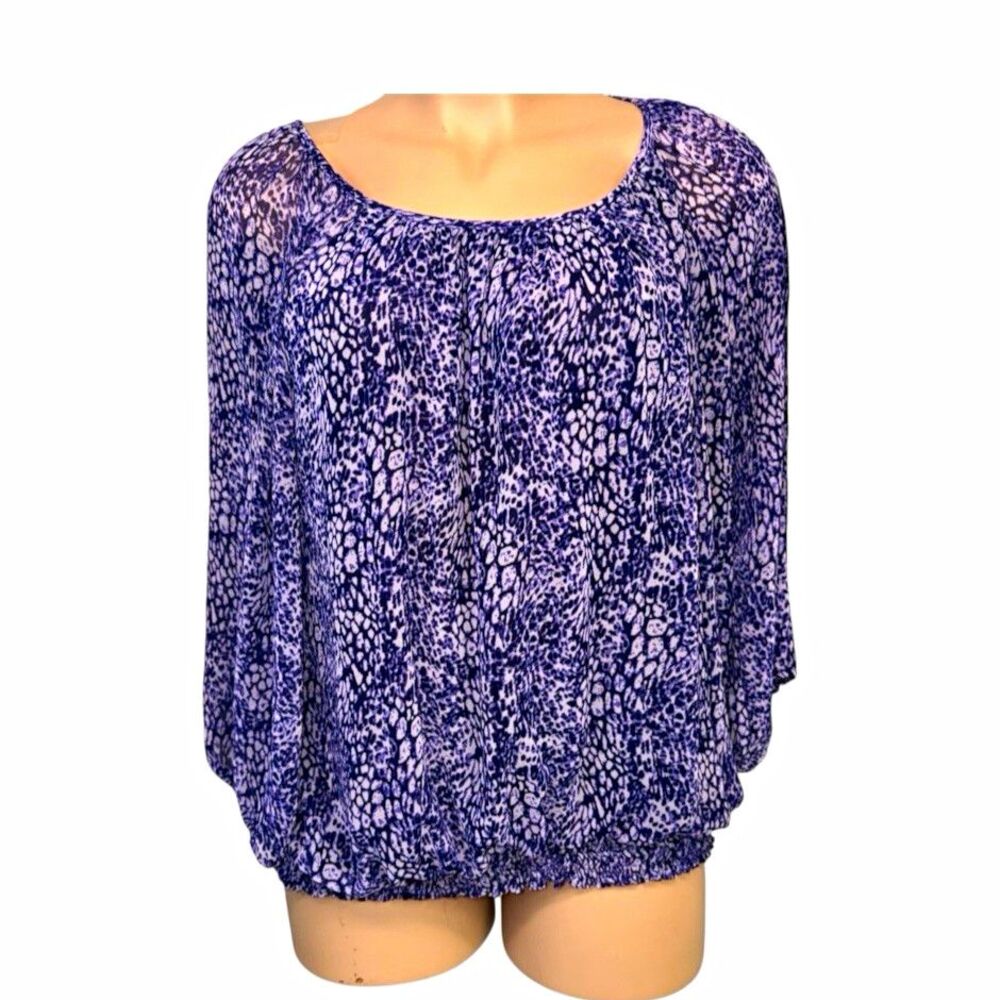 Cathy Daniels Purple Black Animal Print Chiffon Blouse 3X Scoop Neck 3/4 Sleeve